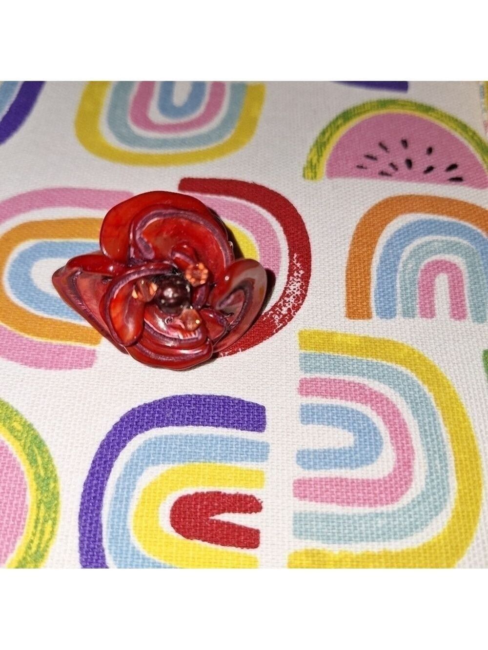 Red Flower Shell Ring Adjustable Band